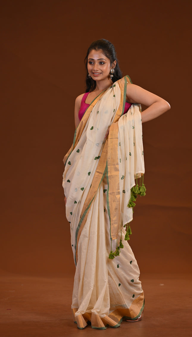 Off White Love Khadi Saree With Heart Motifs & Gold Border