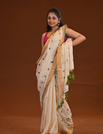 Off White Love Khadi Saree With Heart Motifs & Gold Border