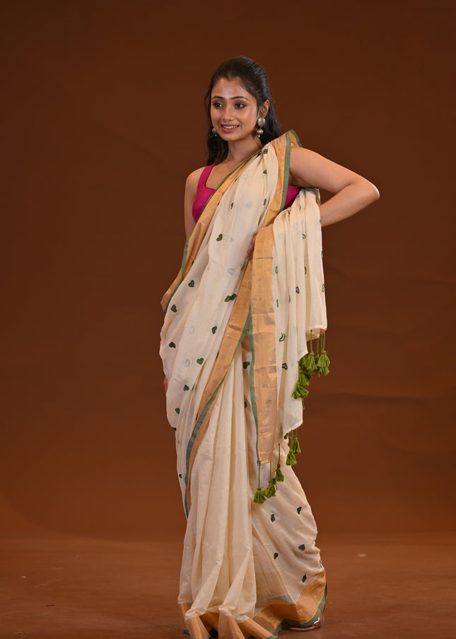 Off White Love Khadi Saree With Heart Motifs & Gold Border