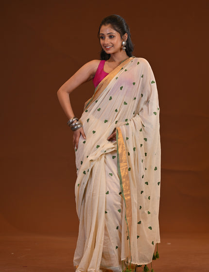 Off White Love Khadi Saree With Heart Motifs & Gold Border