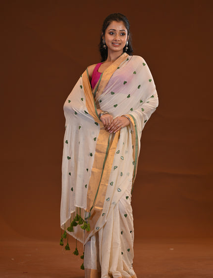 Off White Love Khadi Saree With Heart Motifs & Gold Border