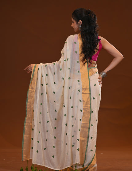 Off White Love Khadi Saree With Heart Motifs & Gold Border
