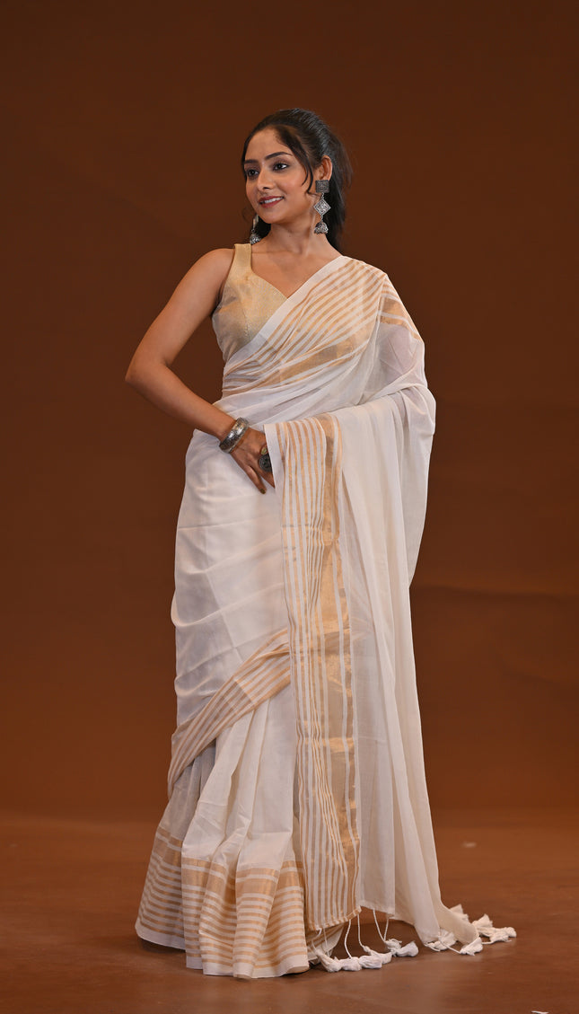 White Mul Cotton Saree With Gold Border
