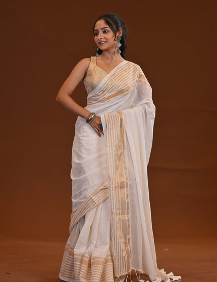 White Mul Cotton Saree With Gold Border