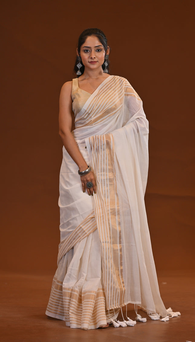 White Mul Cotton Saree With Gold Border