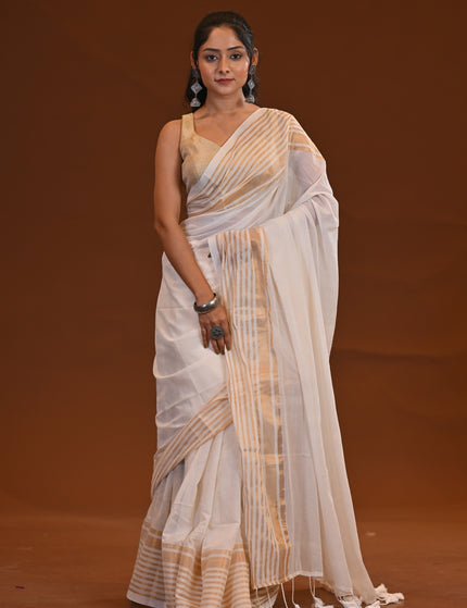 White Mul Cotton Saree With Gold Border