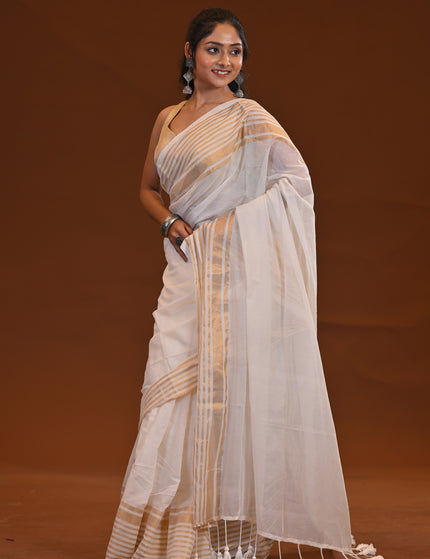 White Mul Cotton Saree With Gold Border