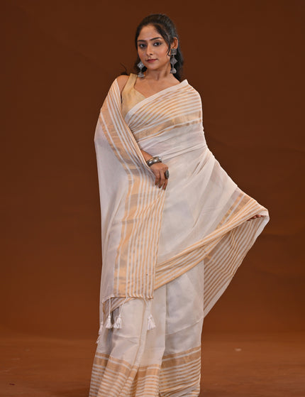 White Mul Cotton Saree With Gold Border