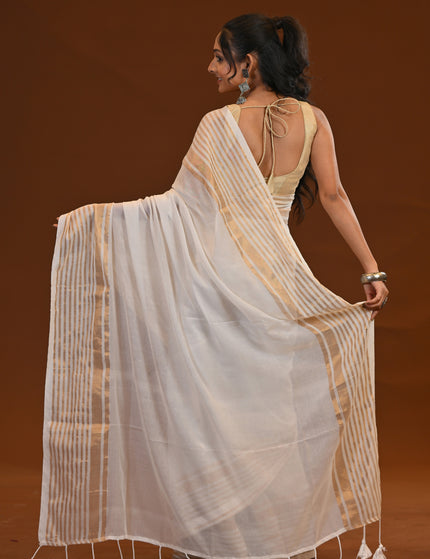 White Mul Cotton Saree With Gold Border