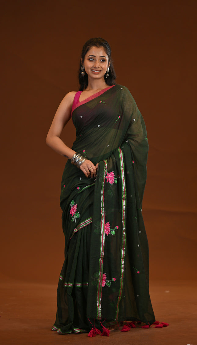 Cotton Khadi Saree Lotus Hand Painted Cotton Dark Green