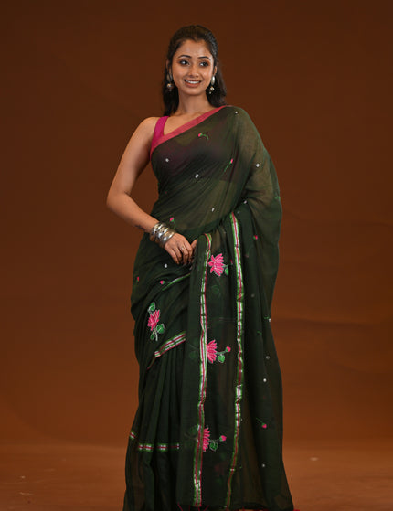 Cotton Khadi Saree Lotus Hand Painted Cotton Dark Green