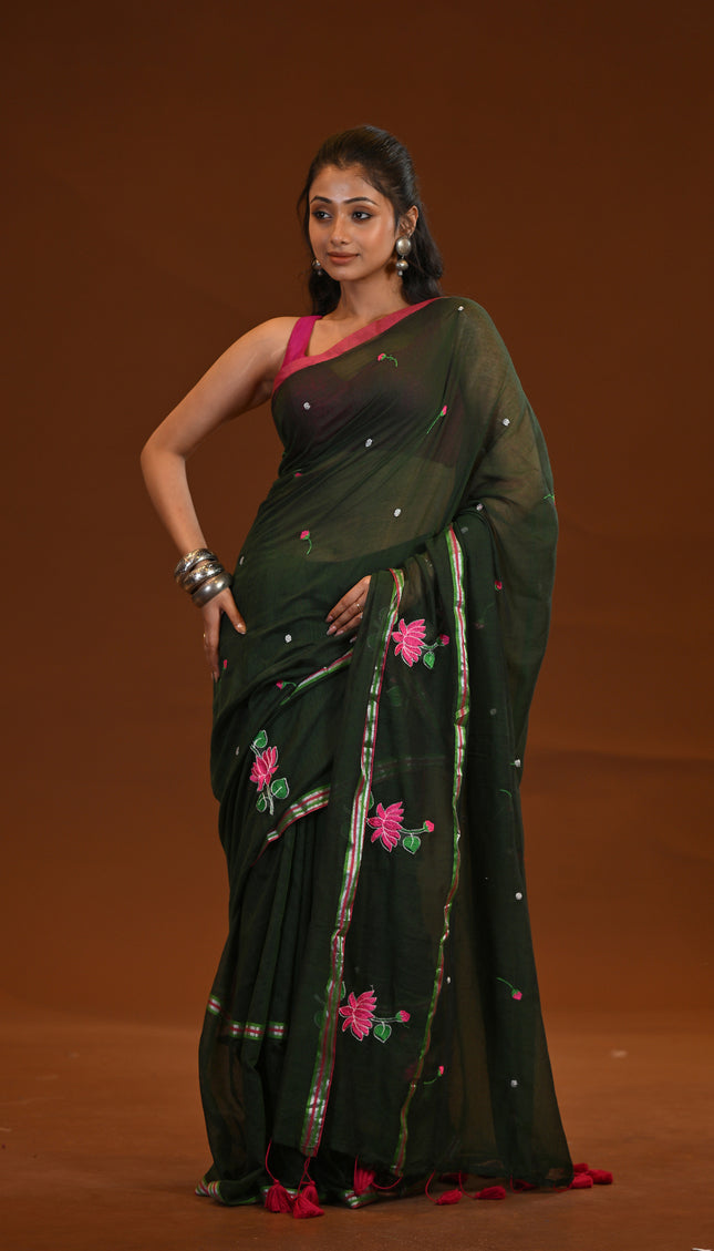 Cotton Khadi Saree Lotus Hand Painted Cotton Dark Green