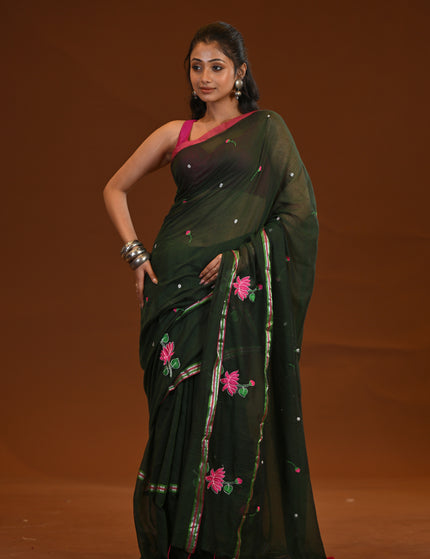 Cotton Khadi Saree Lotus Hand Painted Cotton Dark Green