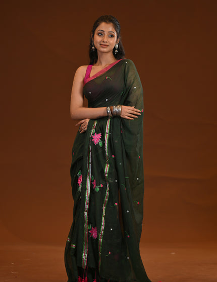 Cotton Khadi Saree Lotus Hand Painted Cotton Dark Green