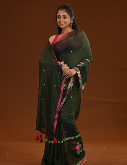Cotton Khadi Saree Lotus Hand Painted Cotton Dark Green