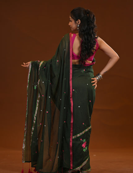 Cotton Khadi Saree Lotus Hand Painted Cotton Dark Green
