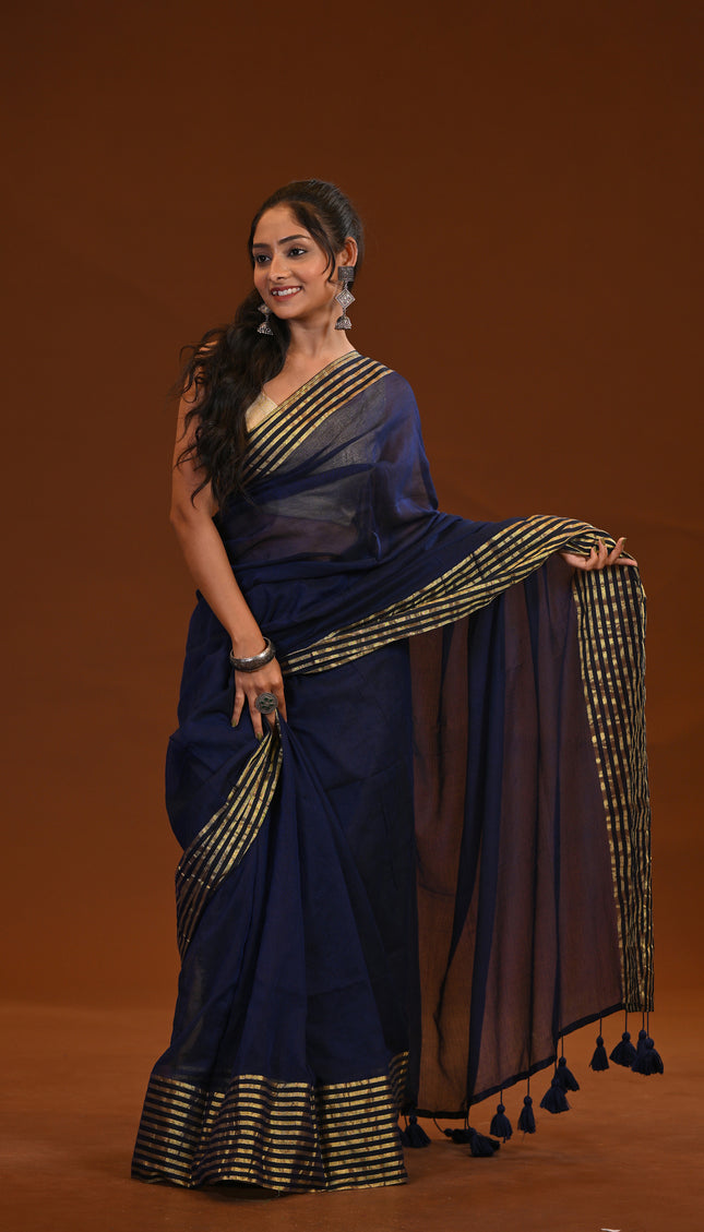 Navy Blue Mulmul Cotton Saree Gold Zari Border