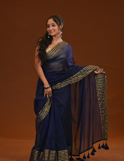 Navy Blue Mulmul Cotton Saree Gold Zari Border
