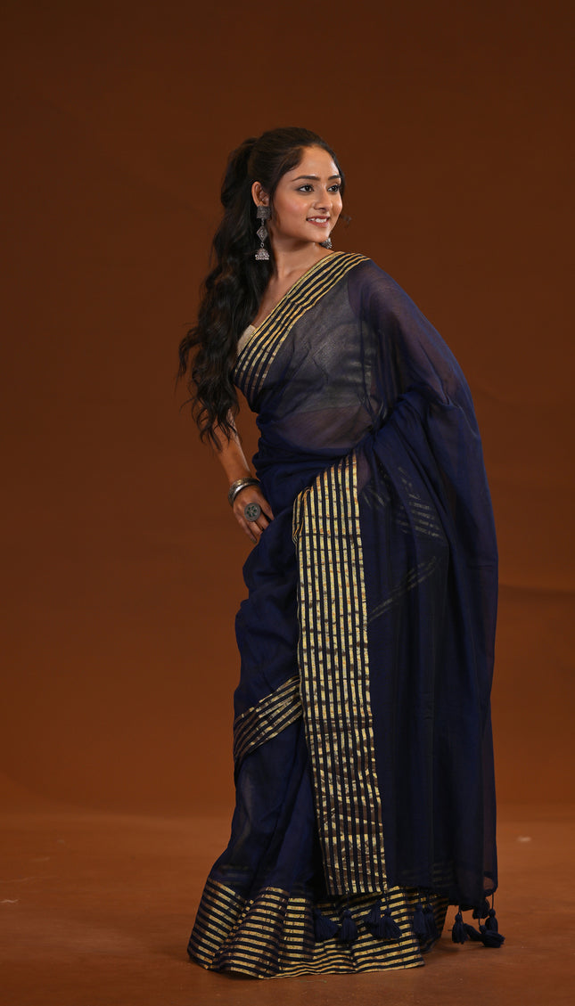 Navy Blue Mulmul Cotton Saree Gold Zari Border