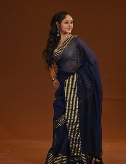 Navy Blue Mulmul Cotton Saree Gold Zari Border