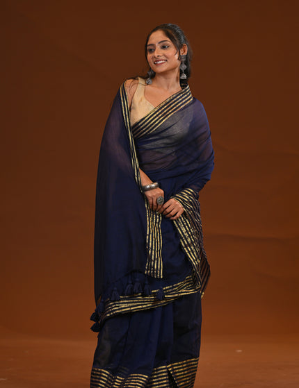 Navy Blue Mulmul Cotton Saree Gold Zari Border