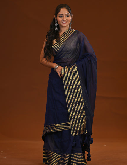 Navy Blue Mulmul Cotton Saree Gold Zari Border