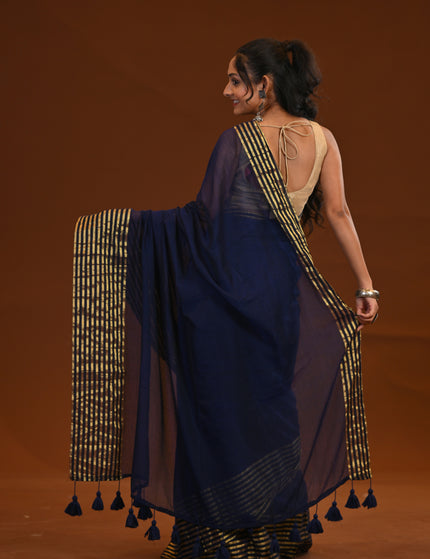 Navy Blue Mulmul Cotton Saree Gold Zari Border