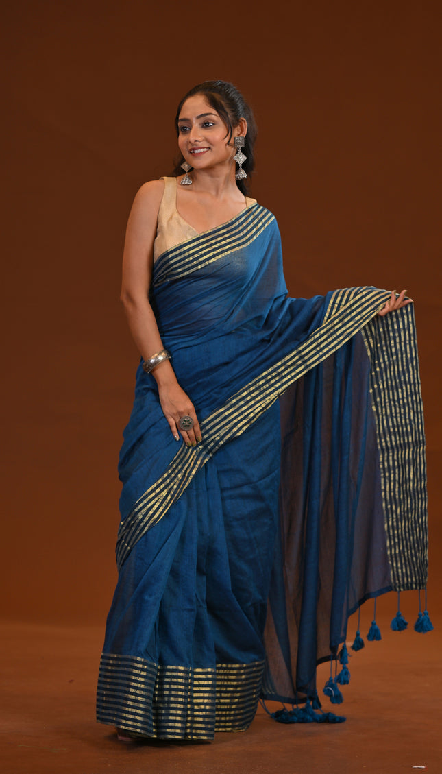 Blue Mulmul Cotton Saree With Golden Stripe Border