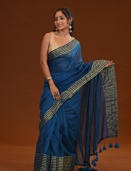 Blue Mulmul Cotton Saree With Golden Stripe Border