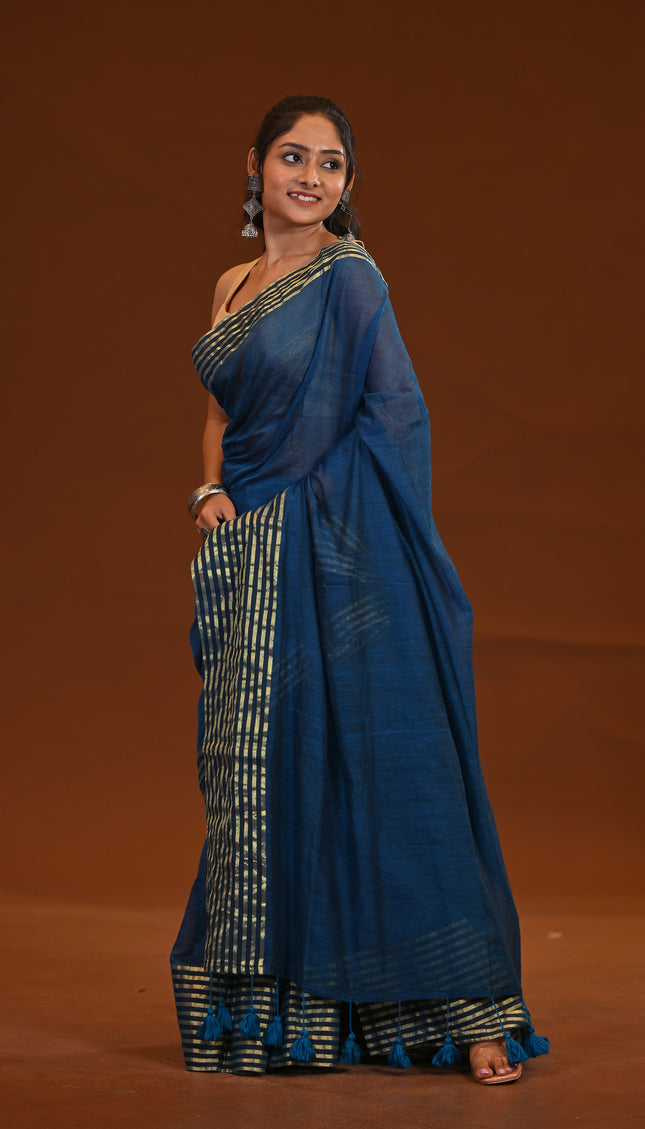 Blue Mulmul Cotton Saree With Golden Stripe Border