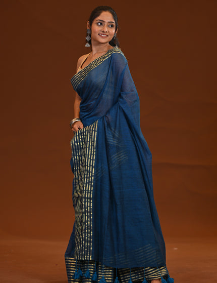 Blue Mulmul Cotton Saree With Golden Stripe Border