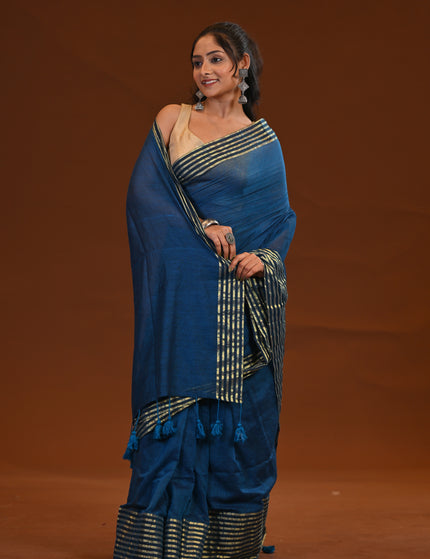 Blue Mulmul Cotton Saree With Golden Stripe Border