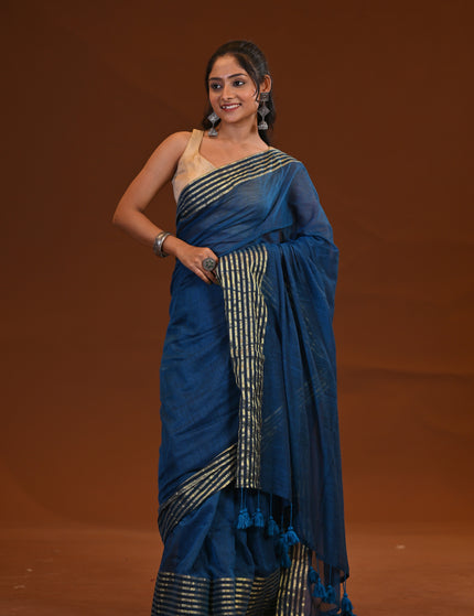 Blue Mulmul Cotton Saree With Golden Stripe Border