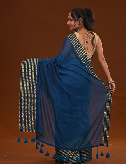 Blue Mulmul Cotton Saree With Golden Stripe Border