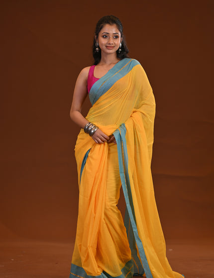 Yellow Mulmul Cotton Saree With Blue Border