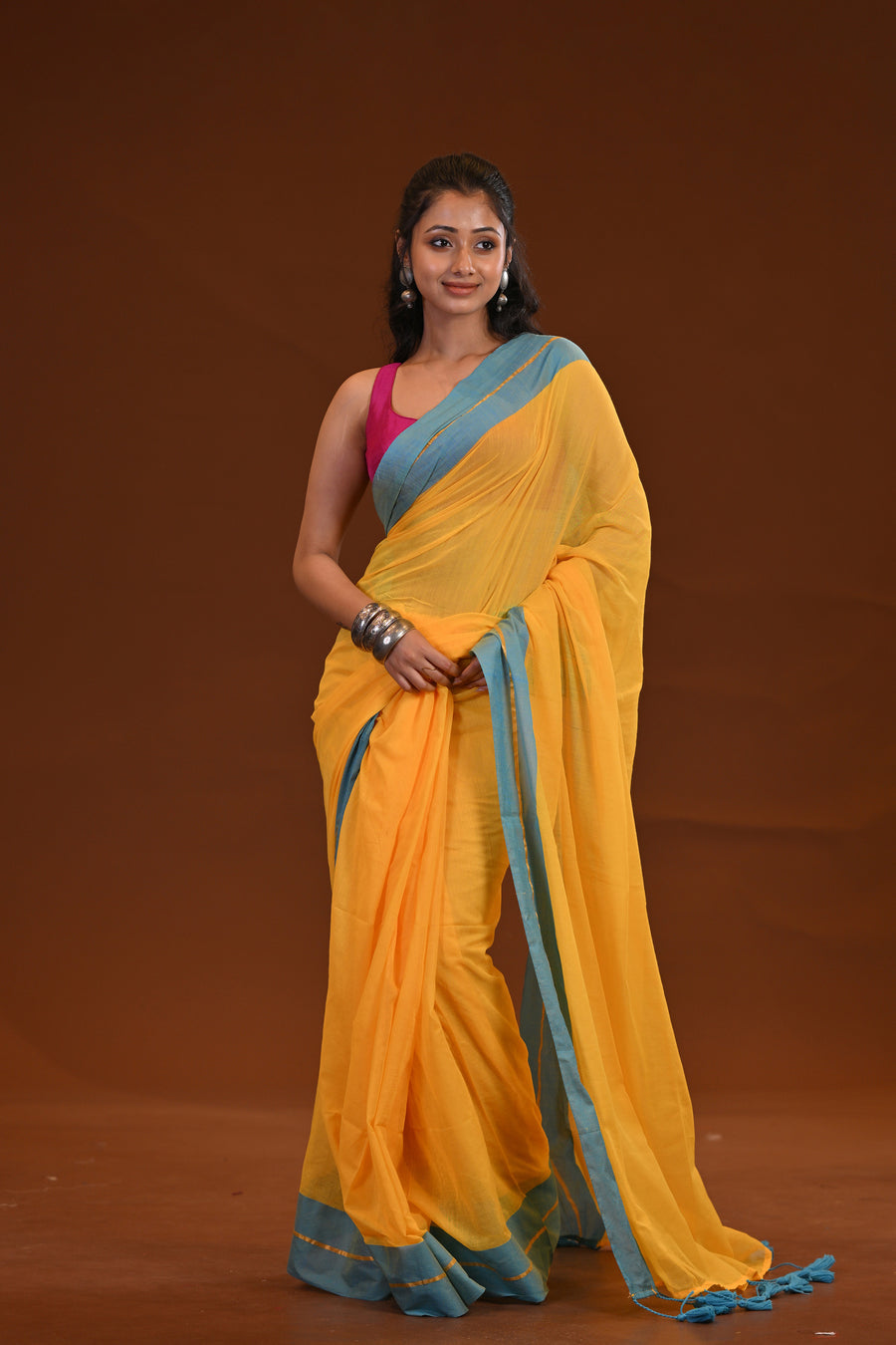 Yellow Mulmul Cotton Saree With Blue Border