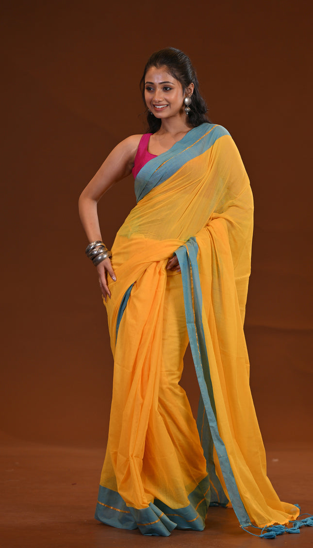 Yellow Mulmul Cotton Saree With Blue Border