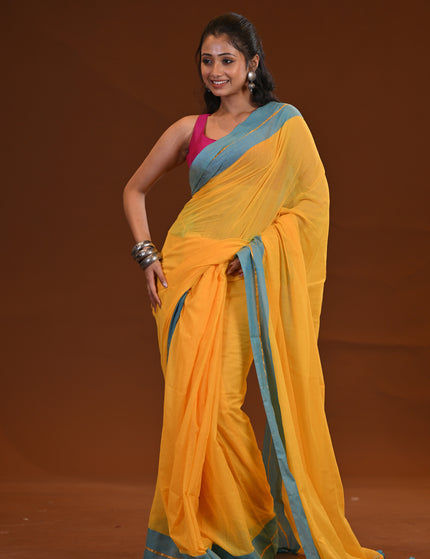 Yellow Mulmul Cotton Saree With Blue Border