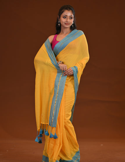 Yellow Mulmul Cotton Saree With Blue Border