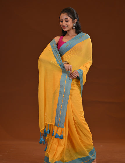 Yellow Mulmul Cotton Saree With Blue Border
