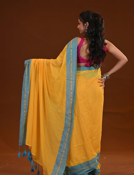 Yellow Mulmul Cotton Saree With Blue Border