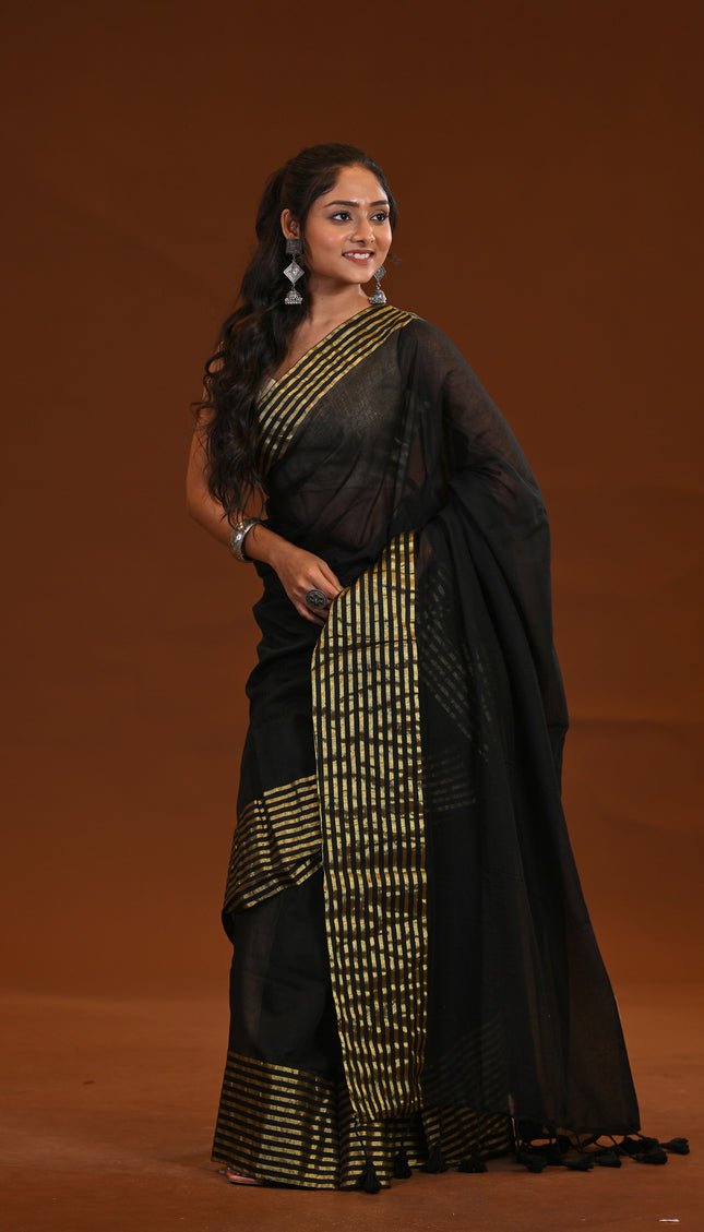 Black Mulmul Cotton Saree With Zari Border