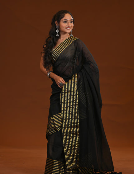 Black Mulmul Cotton Saree With Zari Border