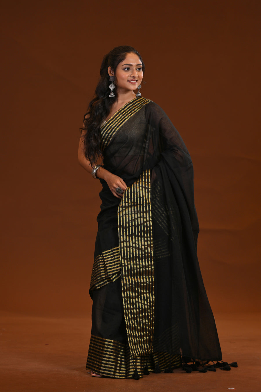 Black Mulmul Cotton Saree With Zari Border