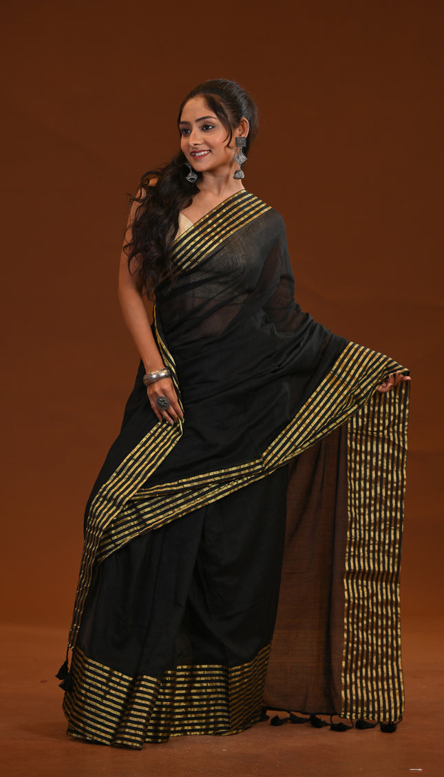 Black Mulmul Cotton Saree With Zari Border