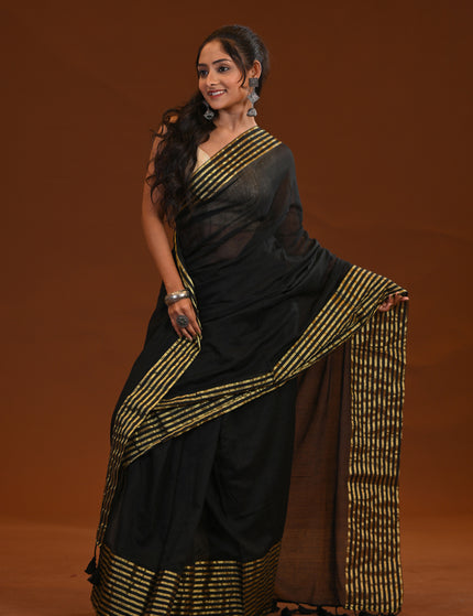 Black Mulmul Cotton Saree With Zari Border