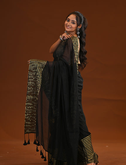 Black Mulmul Cotton Saree With Zari Border