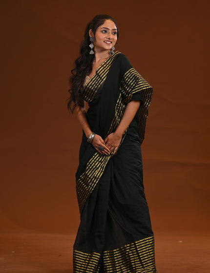 Black Mulmul Cotton Saree With Zari Border