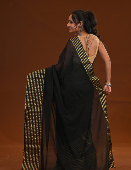Black Mulmul Cotton Saree With Zari Border