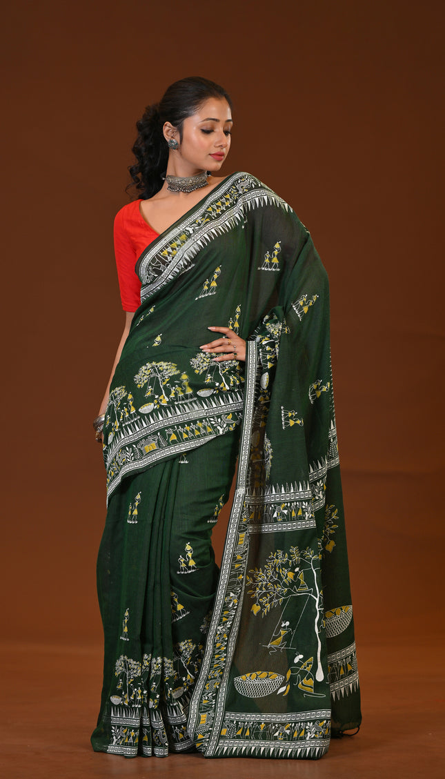 Green Khadi Tree Print Daily Wear Saree